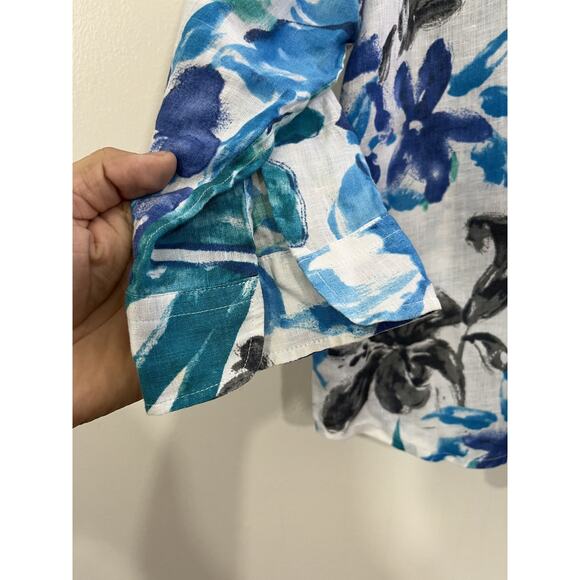 Linen Button Up Floral Blouse M Boho Coastal Resort Maximalist Preppy Office Art - Picture 3 of 12